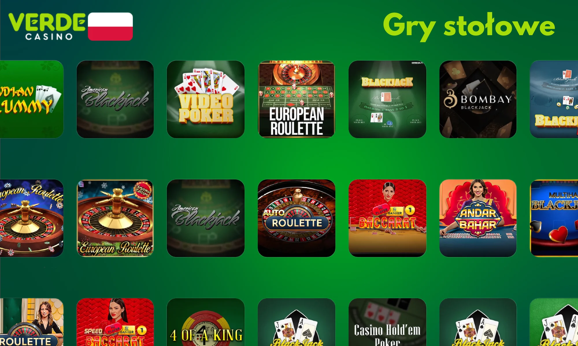 Sekcja gier stołowych w kasynie Verde