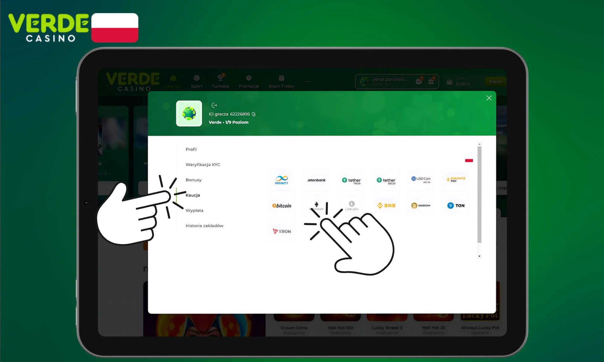 Krok po kroku, jak dokonać wpłaty w Verde Casino