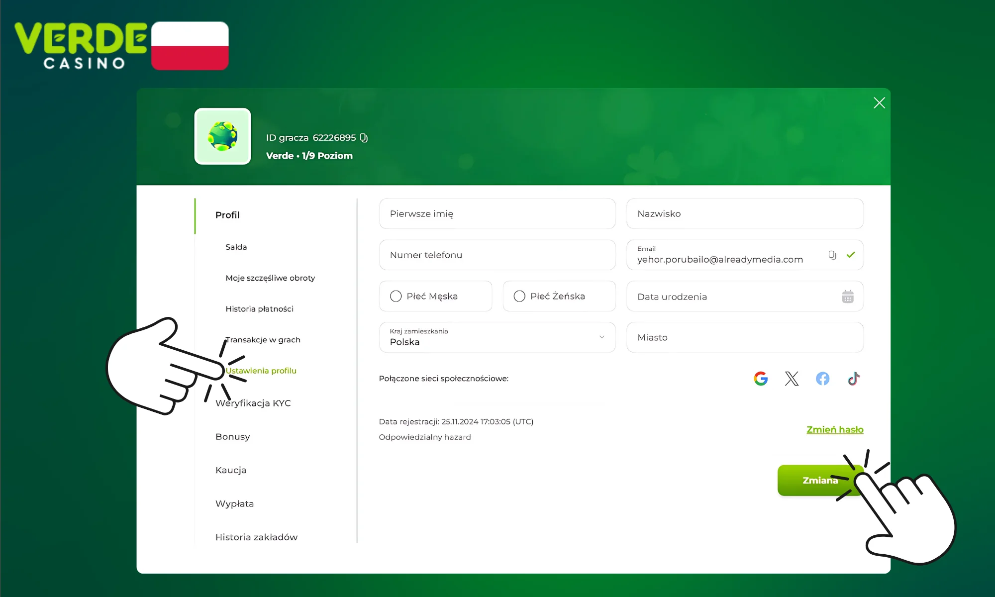 Zmiana danych osobowych po rejestracji w Verde Casino