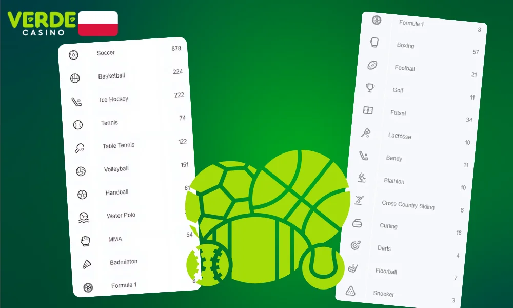 Duża liczba dostępnych dyscyplin sportowych jest oferowana przez Casino Verde