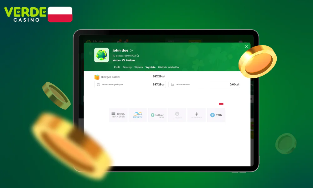 Verde Casino oferuje różne opcje wypłat dla użytkowników z Polski