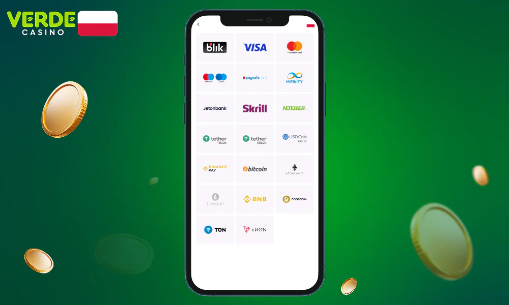 Dla wygody użytkowników z Polski w aplikacji Verde Casino dostępne są różne opcje płatności