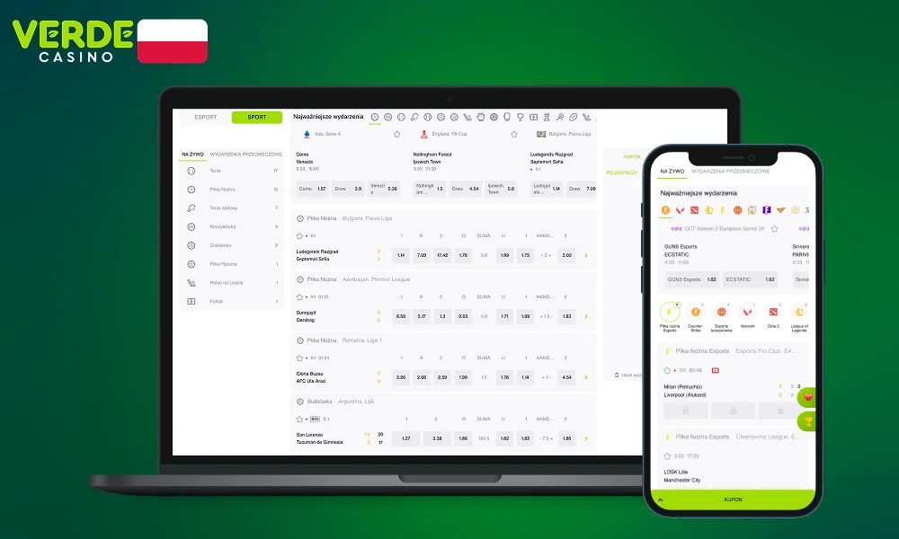 W Verde Casino użytkownicy z Polski mają dostęp do zakładów na różne dyscypliny sportowe, w tym cybersporty