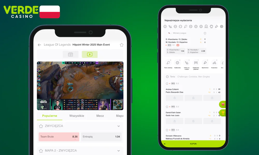 Użytkownicy aplikacji Verde Casino mogą obstawiać dziesiątki dyscyplin sportowych